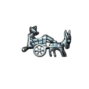 Vintage Mexico Sterling Silver Donkey Cart Brooch Turquoise Eye Mexican Taxco